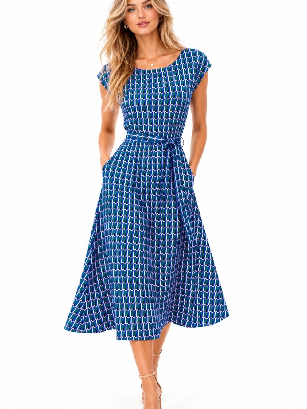 Boden Geometric Midi Dress 6R Belted Fit Flare Blue Green